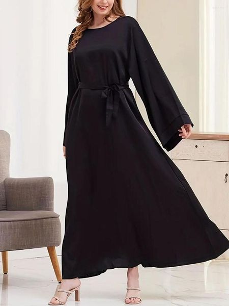 Этническая одежда Ид Абая Мусульманское платье для женщин Арабский исламский однотонный халат с длинным рукавом и поясом Свободные мягкие элегантные дамы Дубай Турция