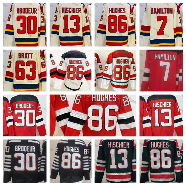 86 Jack Hughes Hokey Formaları 13 Nico Hischier 30 Martin Brodeur 7 Dougie Hamilton 63 Jesper Bratt 2023 Sıcak Ters Retro Hokey Formaları Erkek Ev Kırmızı Kış Erkek Jersey