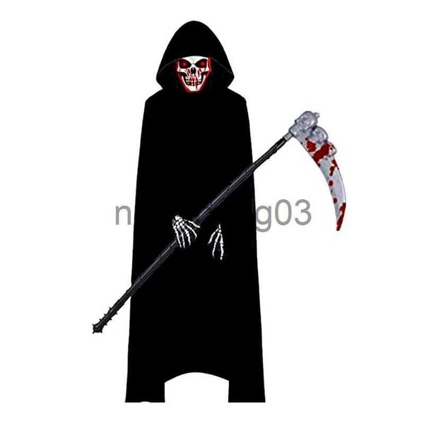 Figurino de Halloween do tema assustador com manto com capuz e máscara de caveira de olhos vermelhos para crianças x1010
