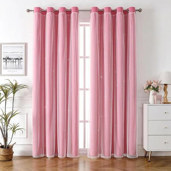 Cortina para quarto de meninas cortinas blackout camada dupla sobreposição de tule quarto infantil arco renda decorativa