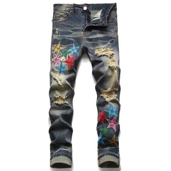 Jeans da uomo Ricamo serpente moto da uomo effetto consumato Rock Skinny Slim Striscia con buco strappato Toppa impiombata vintage alla moda Adatta ai piedi piccoli Elastico Lungo splash-inchiostro