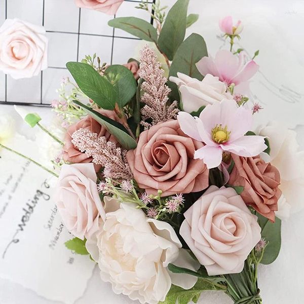 Fiori decorativi 25 pezzi di fiori di rosa artificiali multicolori finti con stelo matrimonio fai da te casa ghirlanda mazzi di fiori decorazioni