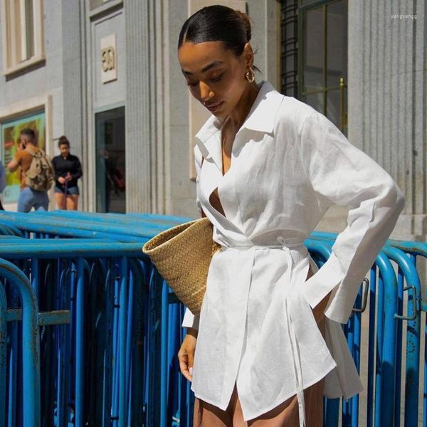 Kadınlar Blouses Pamuk Keten Gömlek Kadınlar Bandaj Dantel Yukarı Beyaz Uzun Kollu Üst Sokak Giyim Ofisi Leydi Tylish Bluz Blusa Feminina