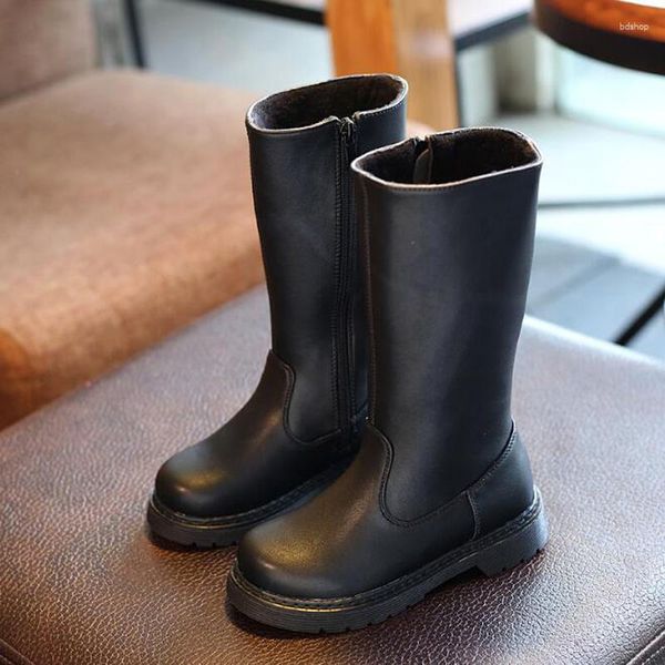 Stiefel Kniehohe Mädchen PU Wasserdichte Plattform Kinder Mode Herbst Winter Schwarz Für Mädchen Seite Zipper Schuhe Kind