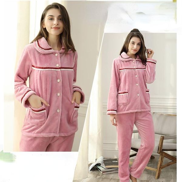 Mulheres sleepwear d139 mulheres grossas pijamas de inverno conjunto princesa rosa verde cinza roxo menina manga completa camisola turn-down colarinho pijama