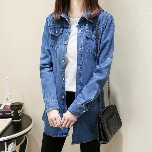 Blusas femininas manga longa solta meados de comprimento denim camisa coreia blusa feminina luxo formal y2k streetwear estilo coreano roupas