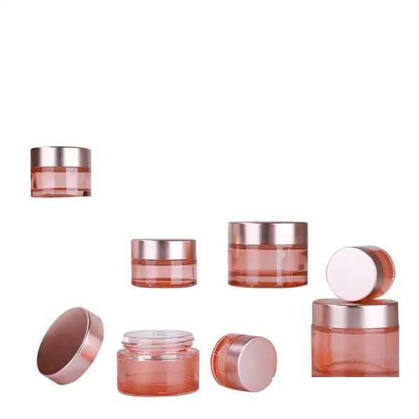 Pot cosmétique en gros pot en verre rose pots de crème de maquillage vides bouteilles de récipient d'échantillon de voyage avec doublures intérieures et couvercles en or rose pour Dhcj8