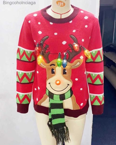 Suéteres femininos LED Light Christmas Sweater com Elk Mulheres Inverno Thic Quente Suéteres Manga Jumper Malha Preto Roupas de Natal 2023 UglyL231010