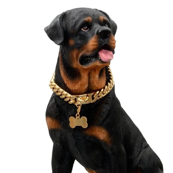 Correntes 14mm Cuban Link Dog Collar Colares Colares Ouro Forte Aço Inoxidável Pet Suprimentos Acessório Bone PendantsChains232N