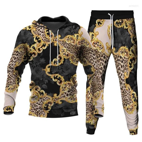 Erkek Trailtsits 2 Parça Setleri Büyük Boyut Hoodies Uzun Pantolon Moda Trailsuit Street Giydirme 3D Leopar Altın Zincir Baskılı Unisex Giyim S-6XL