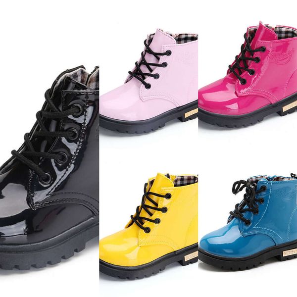 Botas infantis primavera outono novos meninos botas de couro antiderrapante botas de meninas de pelúcia quente do ensino médio sapatos de algodão das crianças