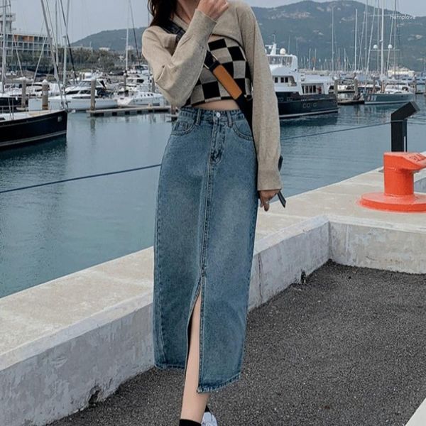 Röcke Frauen Koreanischen Stil Alle-spiel High Street Sommer Harajuku Süße Front Schlitz Mode Midi Denim Y2k College Täglichen