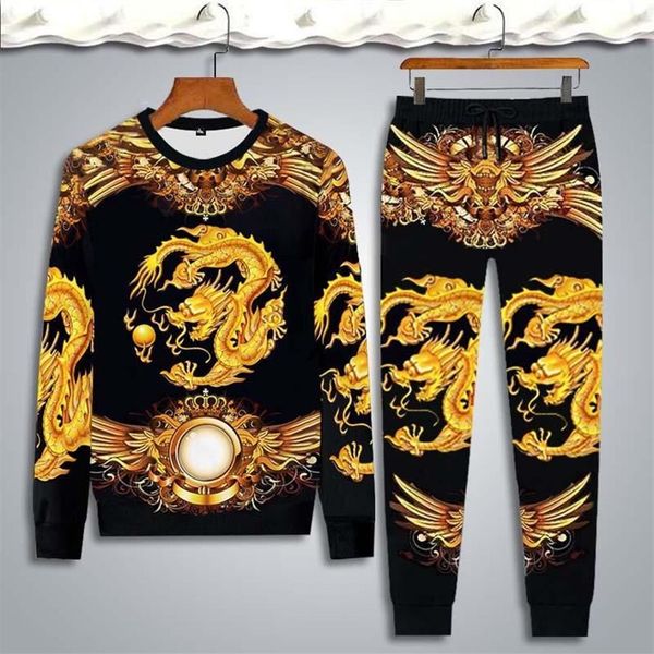 Set da uomo T-shirt da jogging a maniche lunghe Set da uomo Tute e pantaloni da uomo Tute da uomo Dragon Tiger stampa Set da uomo Clothi218f