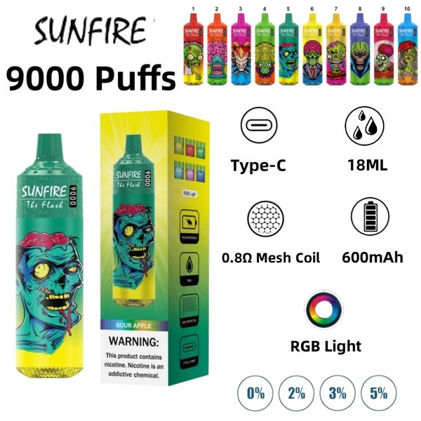 Top Sunfire Lieferant 9000 Puffs Einweg-Vape-E-Zigaretten-Verdampfer, wiederaufladbar, RGB-LED, verstellbarer Luftstrom, Vapes, Puff Bar, Wape OEM/ODM Pen Shisha