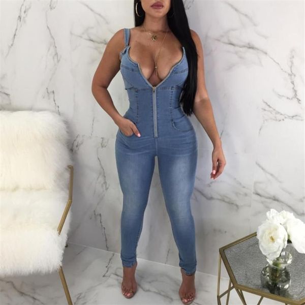 Tute da donna Pagliaccetti Donna Reggicalze Tuta Cinturino per spaghetti Jeans denim Senza maniche Backless ZIPPER Salopette sexy Ov260i