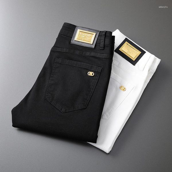 Calças de brim masculinas outono estilo clássico magro branco negócios casual algodão estiramento preto calças jeans masculino