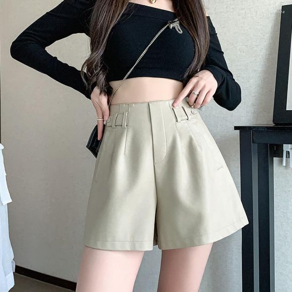 Damenshorts 2023 Frauen Hohe Taille Leder Herbst Winter A-Linie Lose Breites Bein PU-Hose Weibliche Mode Schwarze Stiefelhose