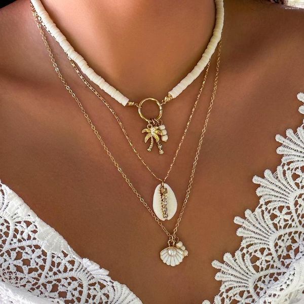 Collane con ciondolo 3 pezzi / set Boho Collana con conchiglia bianca con zirconi per le donne Catena in metallo color oro Argilla polimerica Coconut Tree Choker Beach