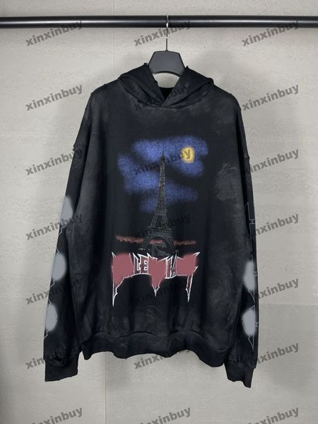 xinxinbuy Herren Designer Hoodie Sweatshirt Destroyed Iron Tower Briefdruck Damen Schwarz Grau Gelb Weiß XS-L