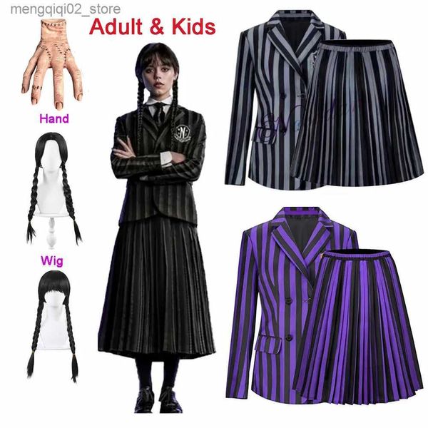 Costume a tema Addams Mercoledì Halloween Come Kids Girls Adult Family Birthday Party Nevermore Academy Uniforme Abbigliamento Mano Parrucca Cosplay Q231010