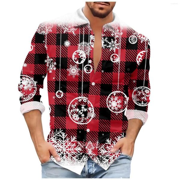 Camisas casuais masculinas 2023 presente de Natal manga longa boneco de neve impressão polo pescoço camisa vestido de festa de férias plus size S-6XL