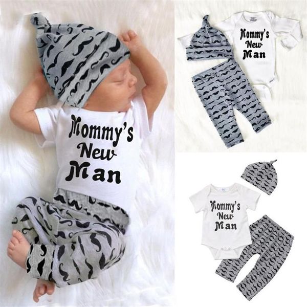 Set di abbigliamento Cute Born Baby Boy Clothes Lovely Mommy's Man Baffi Stampa Body Top Pantaloni lunghi Cappello 3PCS Set 0-18MClothing276S