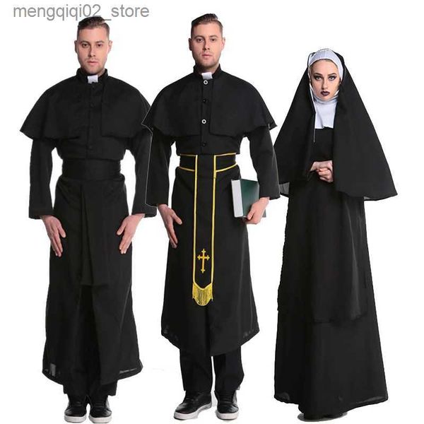 Tema Traje Casal Padre Freira Hábito Venha Tradicional Medieval Roupa Religiosa Cosplay Fantasia Vestido de Festa Carnaval Halloween Q240307