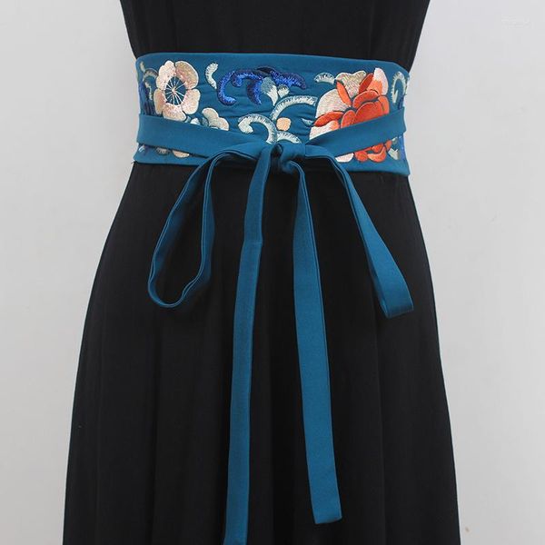 Cintos 2023 Retro Mulheres Cintura Estilo Chinês Bordado Vestido Bowknot Envoltório Cintura Cinto Clássico Kimono Obi