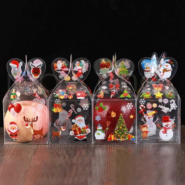 Confezione regalo Scatola di caramelle trasparente in PVC Decorazione natalizia Confezione regalo e confezione Scatole di mele di caramelle di Babbo Natale con pupazzo di neve, alce, renna