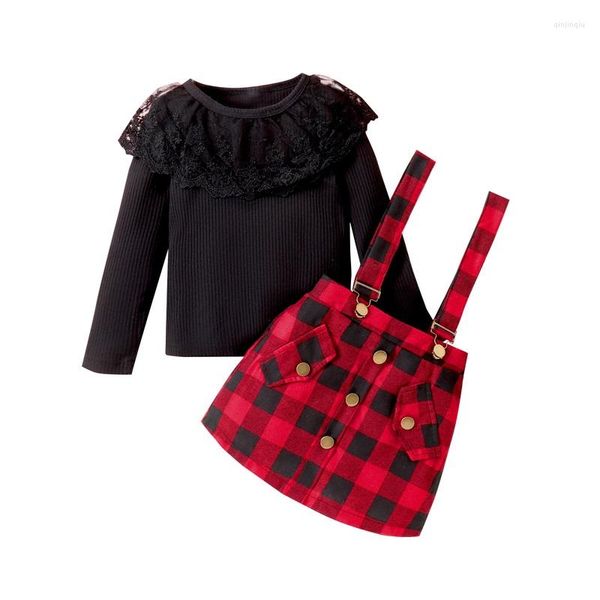 Set di abbigliamento 4-7T Bambini Neonate Set di vestiti in 2 pezzi Top nero a maniche lunghe a costine Gonna scozzese con bretelle Bambino Autunno Primavera Abiti natalizi