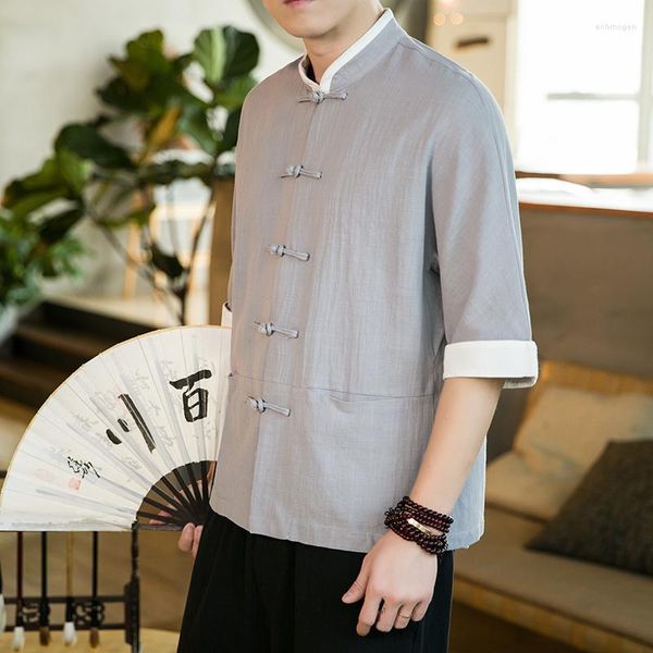 Camisas casuais masculinas criativo contraste cor placa botão camisa literária tang terno de manga curta japonês quimono samurai roupas yukata