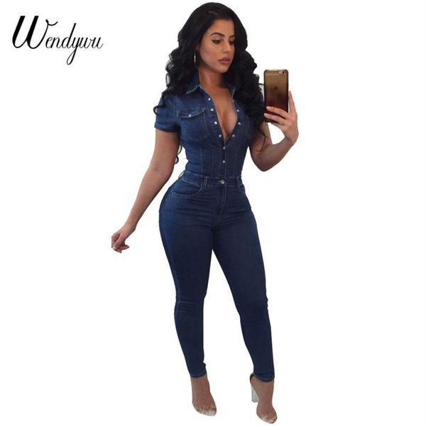 Wendywu plus size boa qualidade jeans macacão para mulheres manga curta moda bodysuit macacão e macacões 2018 denim macacão228c