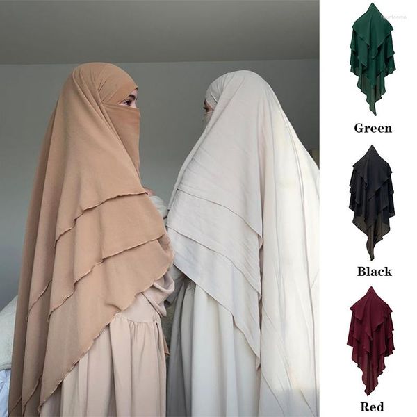 Ethnische Kleidung 2023 Frauen Muslim Einfarbig Weiche Chiffon Big Hijab Schals Islamische Damen Ramadan Eid Abayas Dreischichtiger Turban Kopfschmuck