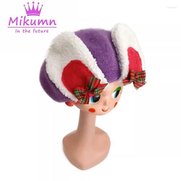 Berets Kukeita Harajuku Y2k Ohren Schleife Woolen Baskenmütze Hüte Herbst Winter Warme Japanische Kawaii Chic Streetwear