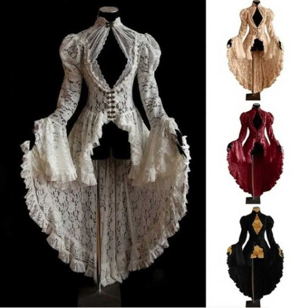 Costume a tema Halloween Vintage medievale rinascimentale Cosplay arriva vestito da donna fasciatura di pizzo gotico vestito operato nero vestito lungo abiti Q231010
