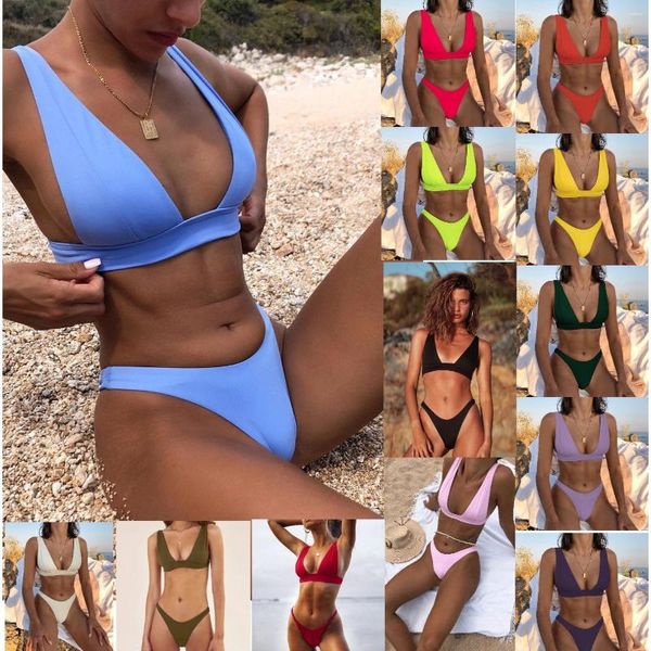 Damenbadebekleidung 15 Farben Sexy Bikini Fester Badeanzug Frauen Push Up Set Brasilianischer Badeanzug Sommer Beachwear Schwimmen