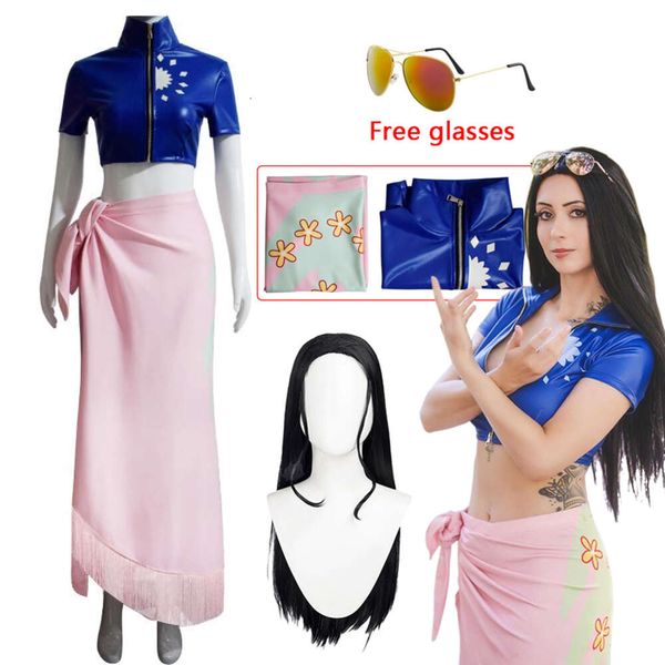 Nico Robin Costume Cosplay Parrucca Miss All Sunday Robin Cappotto Cosplay Gonna Cowgirl Uniforme Costume di Halloween per donna Occhiali gratuiti