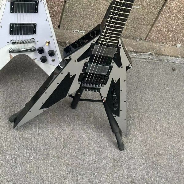 Özel V Şekiyet Özel Aydınlatma 6 String Split Electric Gue Gri gövde ile Siyah Jant Ücretsiz Gemi