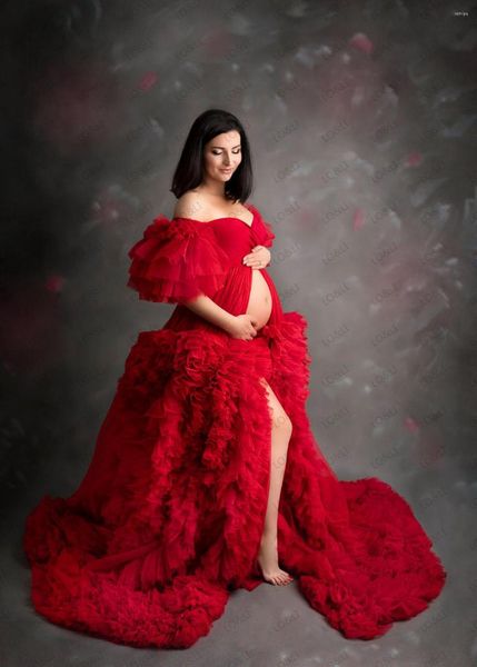 Damen-Nachtwäsche, elegante rote Organza-Umstandsroben für Po-Shooting, lange schiere sexy Braut-Schwangerschafts-Tüllkleid-Kleider nach Maß