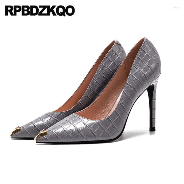 Kleid Schuhe High Heels Ultra Big Größe 33 Slip On Metall Spitze Spitze Zehen Frauen Rindsleder 44 Pumps Krokodil niedrigen Absatz Alligator Dünne Kätzchen