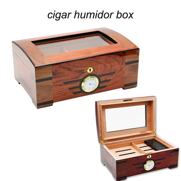 Scatola per sigari a due piani Scatola per sigari in vetro trasparente Lucernario lucido Pianoforte in legno di cedro Humidor per sigari con serratura Igrometro Umidificatore