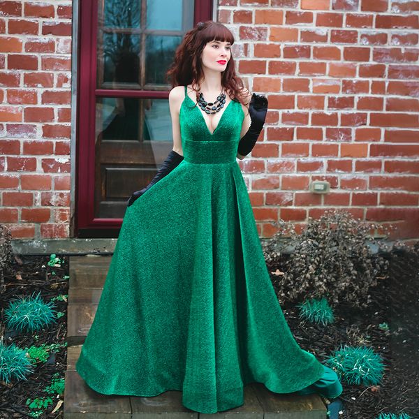 Sparkly verde a linha vestidos de baile com decote em v cinta espaguete longo formal vestidos de noite império sem costas ano novo festa wear