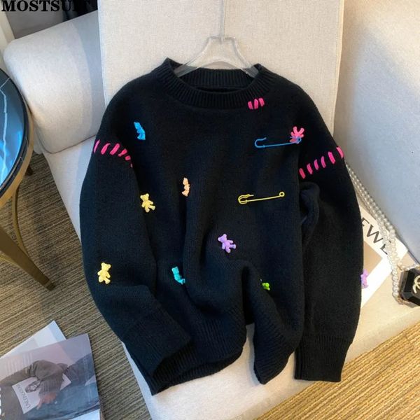 Kadın Sweaters Şık Koreli Kawaii Sweater Kadınlar Sonbahar Kış Kış Uzun Kollu Out Gevşek Üstler Külot Günlük Moda Bayanlar Şık Jumper 231009