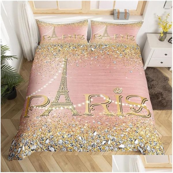 Conjuntos de cama Torre Eiffel Duvet Er Set Single Twin King para Crianças Menina Adolescente Quarto Paris Microfibra Gradiente Diamante Quilt Drop Entregar Otz2E