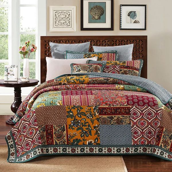 Bettwäsche-Sets CHAUSUB Vintage Quilt Set 3PCS Patchwork Tagesdecke auf dem Bett Baumwolldecke King Size Steppdecke Tröster 231009