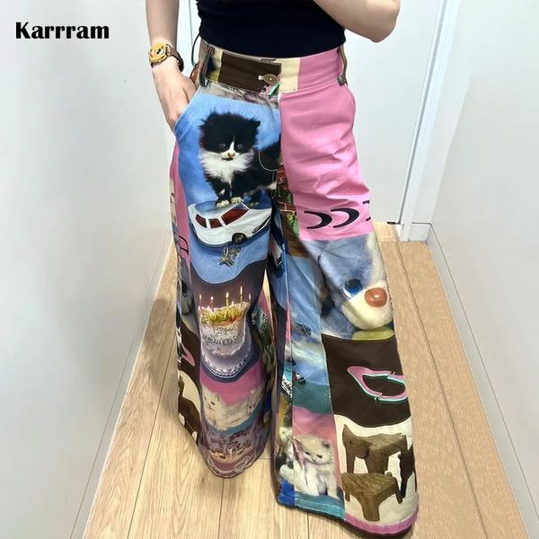 Pantaloni da donna Karrram giapponese Y2k gamba larga Harajuku rosa a vita alta anni 2000 estetica Kawaii Cat stampa pantaloni moda coreana carino 231009