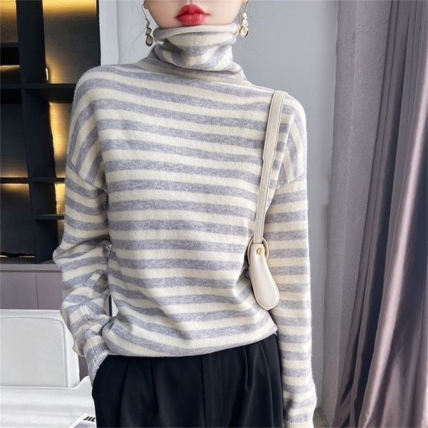 Suéteres femininos Mulheres Plus Size Pure Wool Sweater Knit Pullovers Primavera High-Neck Retro Blusa Solta Cashmere Sweater Strip Base Camisa S-XXL 231005