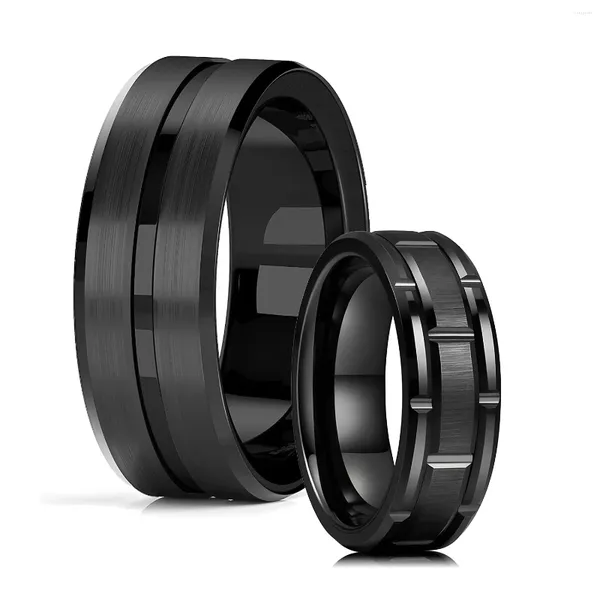 Anelli a grappolo da uomo classici da 8 mm in tungsteno nero da sposa con doppia scanalatura bordo smussato modello in mattoni acciaio inossidabile spazzolato per uomo