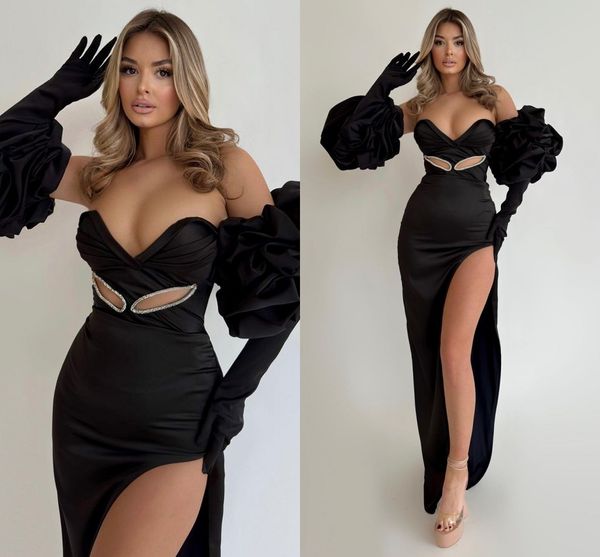 Preto exclusivo plus size sereia vestidos de baile para mulheres querida mangas compridas drapeado lado dividido vestido de ocasião especial roupa formal aniversário vestidos de noite de celebridades