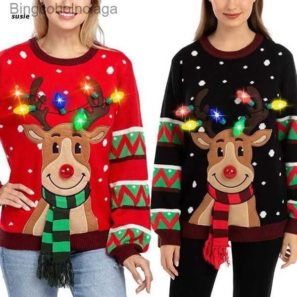 Suéteres femininos Mulheres LED Light Up Holiday Sweater Natal Cartoon Rena Malha Pulôver TopL231010